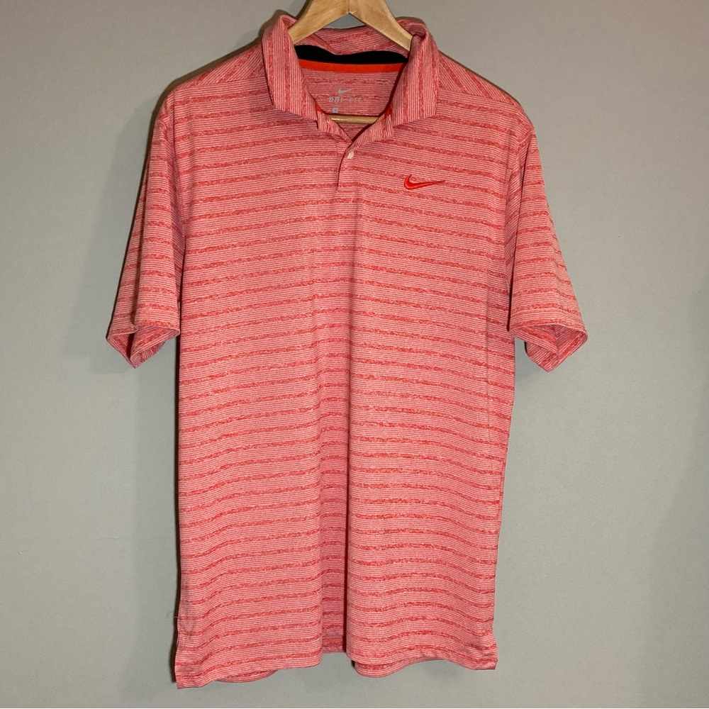 Nike Dri Fit Men's Striped Polo Shirt Short Sleeve Red Salmon Golf Sport Casual
